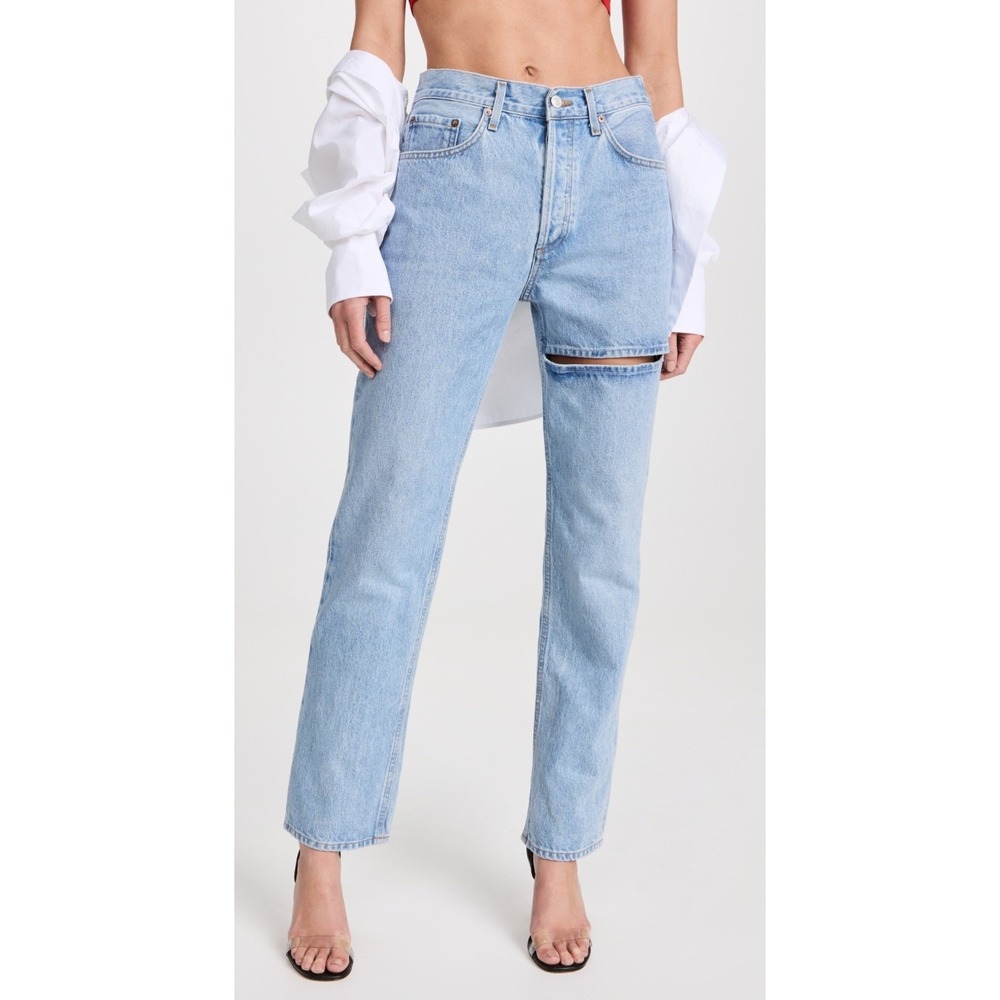 AGOLDE Lana Straight Leg Jeans Light Wash Distressed Slit 27